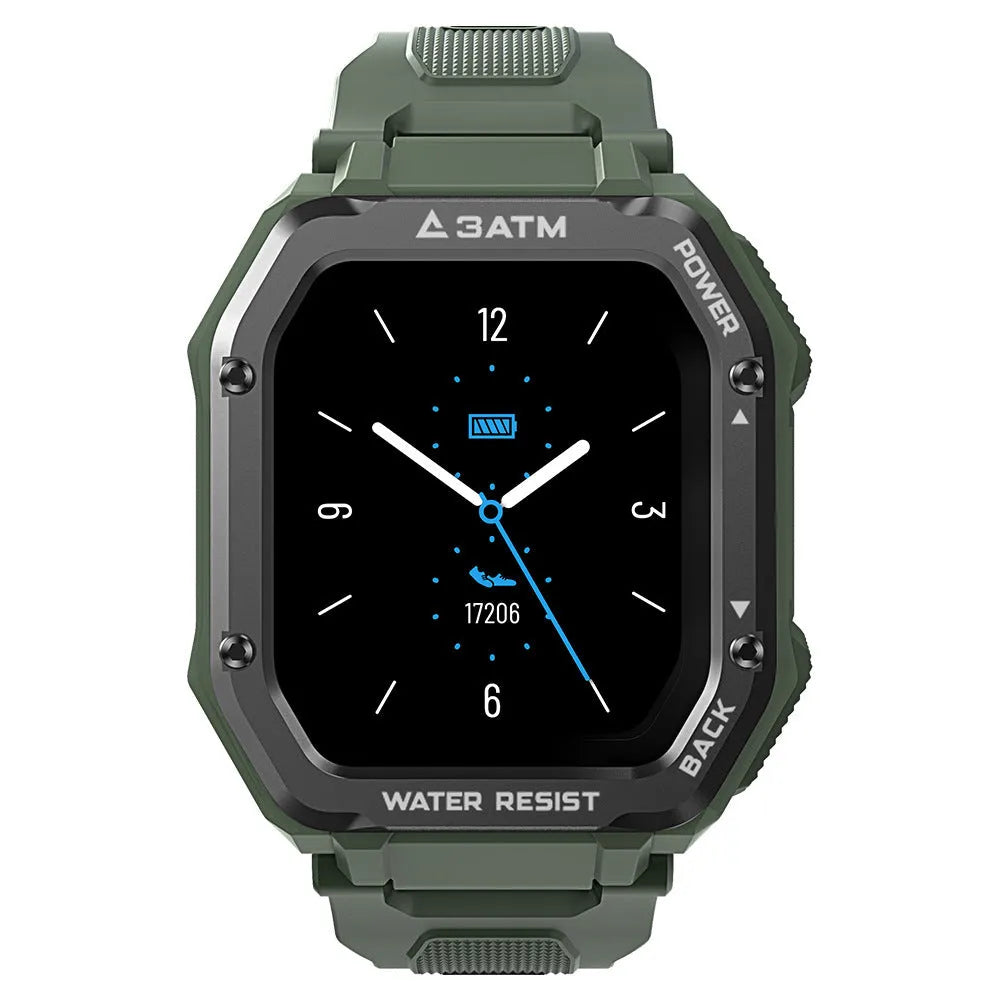 Army Green rugged smart watch with 1.69-inch screen and silicone wrist strap showing sports mode display