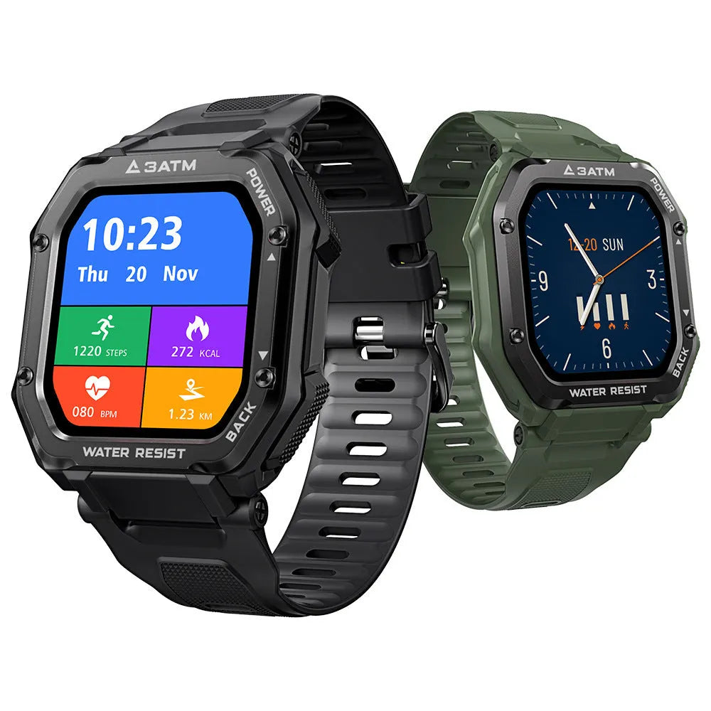 Army Green rugged smart watch with 1.69-inch screen and silicone wrist strap showing sports mode display
