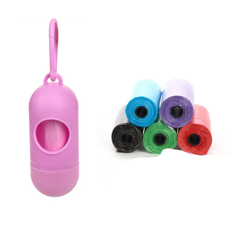 Set of five coloured dog waste poop bags showing black, blue, red, green, pink, and purple options.