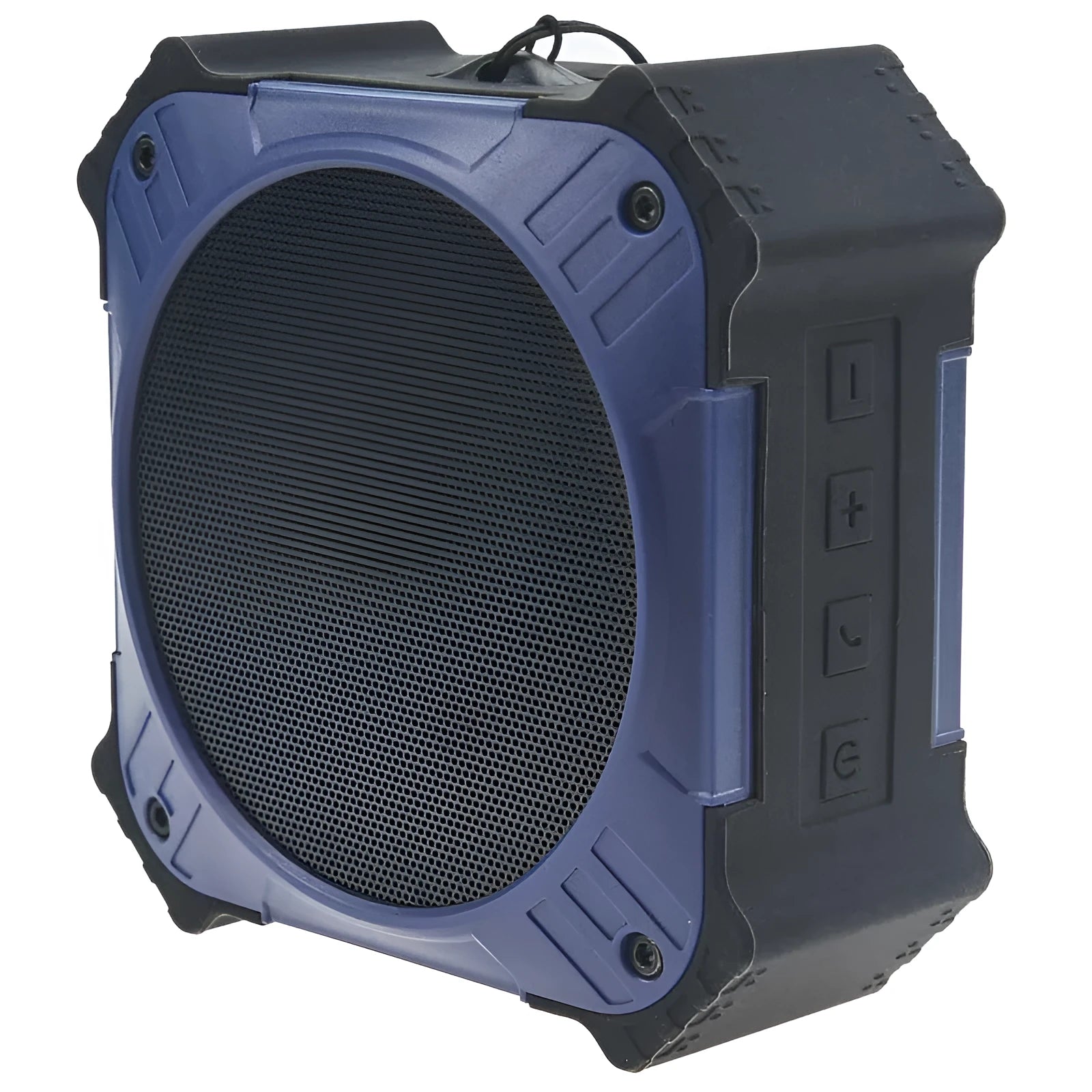Compact black or blue waterproof Bluetooth speaker with wrist strap
