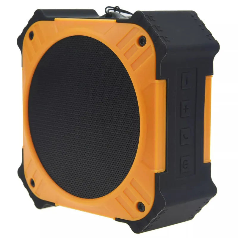 Compact black or blue waterproof Bluetooth speaker with wrist strap