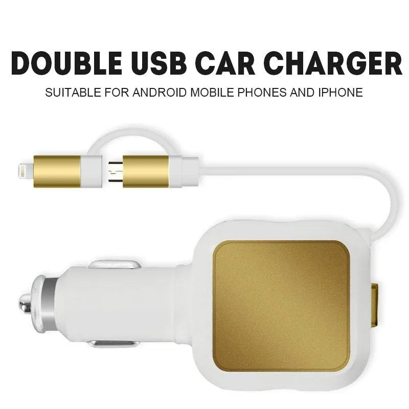 Black and gold dual USB car charger with retractable cable shown plugged into vehicle power socket
