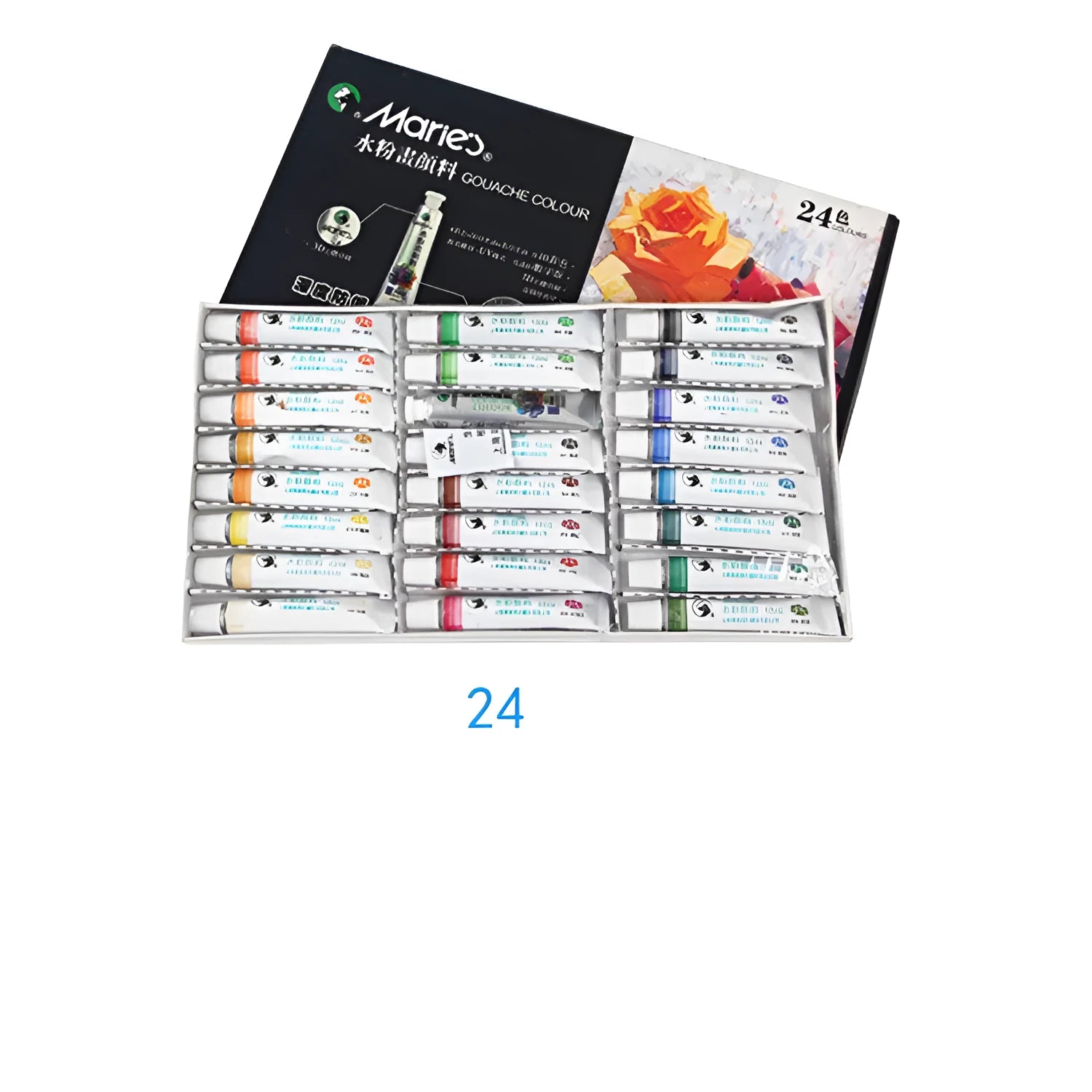Boxed set of Marley gouache paint tubes in 12ml size, showing 24 different colour labels.