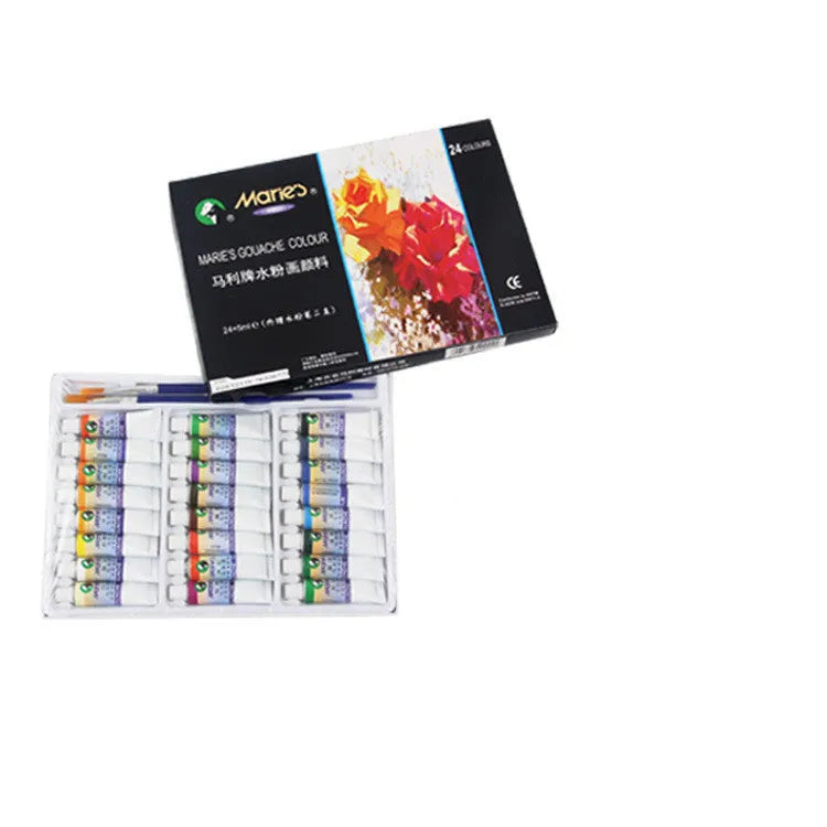 Boxed set of Marley gouache paint tubes in 12ml size, showing 24 different colour labels.