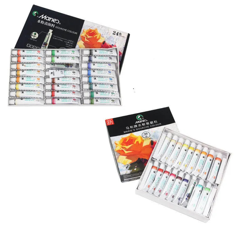 Boxed set of Marley gouache paint tubes in 12ml size, showing 24 different colour labels.