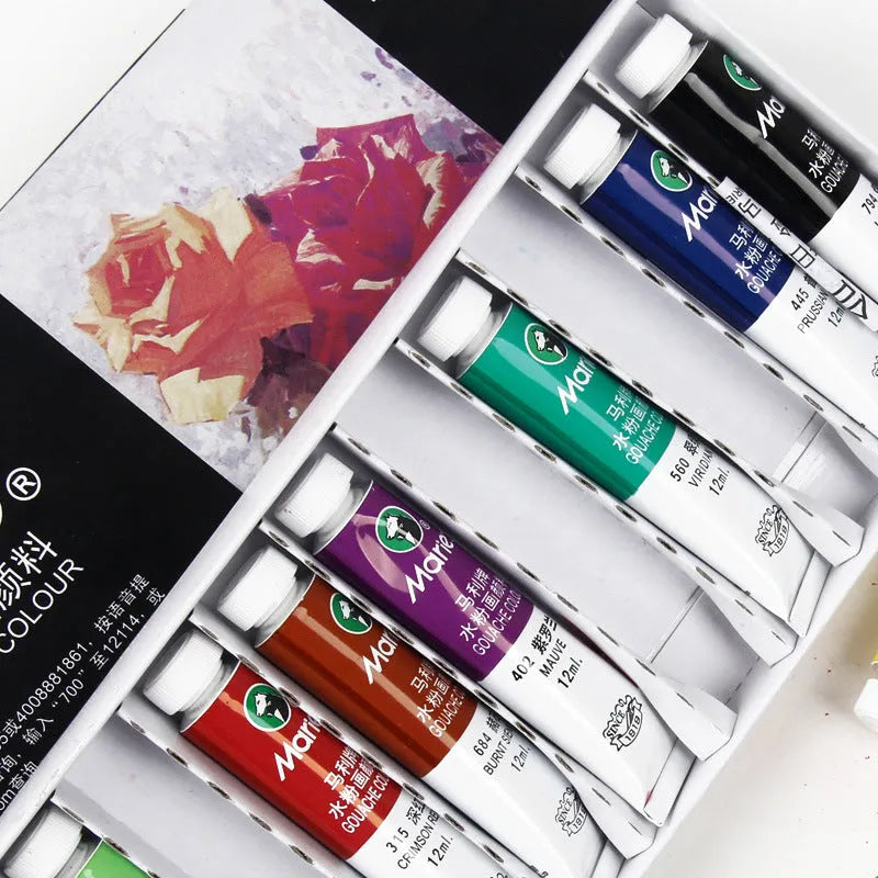 Boxed set of Marley gouache paint tubes in 12ml size, showing 24 different colour labels.