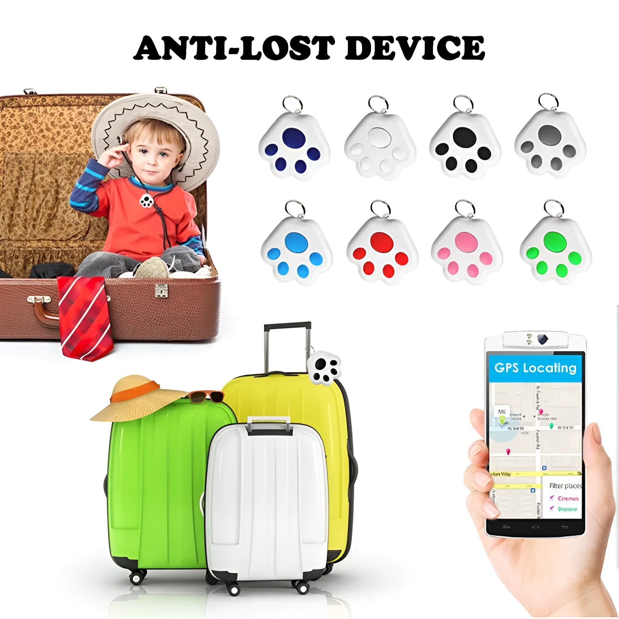 Small grey Bluetooth anti-lost tracker device shaped like a dog paw with a keyring loop.