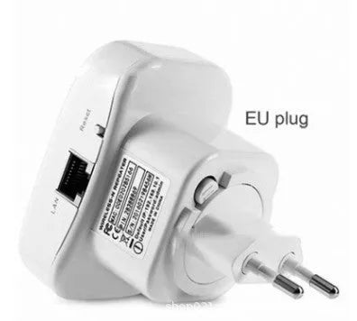 Black and white WiFi repeater with multiple international plug types and network cable