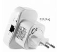 Black and white WiFi repeater with multiple international plug types and network cable