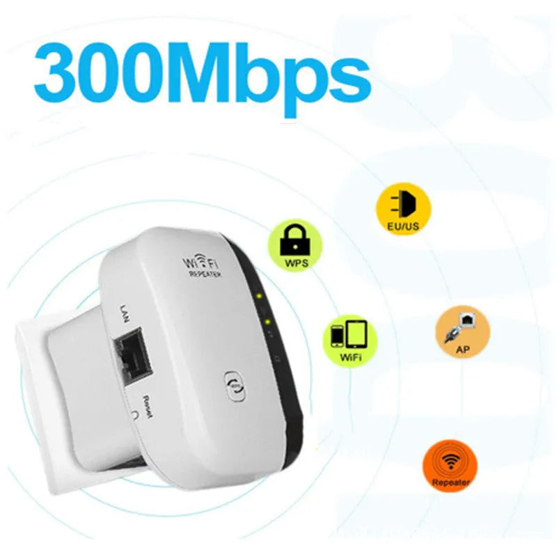 Black and white WiFi repeater with multiple international plug types and network cable