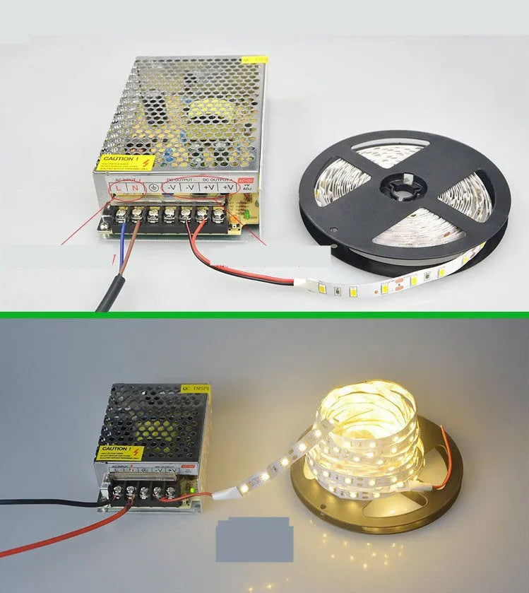 Close-up of white 12V LED strip light showing either 60 or 120 LEDs per metre for shelf and counter installation.
