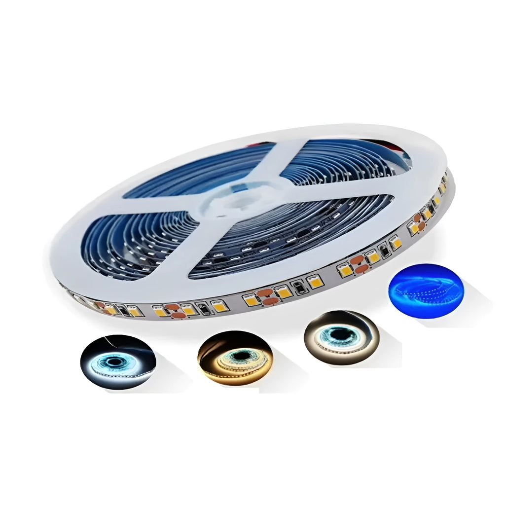 Close-up of white 12V LED strip light showing either 60 or 120 LEDs per metre for shelf and counter installation.