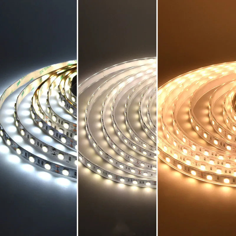 Close-up of white 12V LED strip light showing either 60 or 120 LEDs per metre for shelf and counter installation.