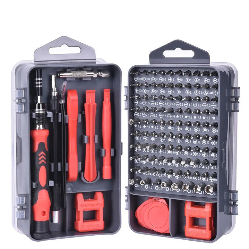 117-in-1 magnetic chrome vanadium screwdriver set with flexible extension shaft in red, blue, or black box.