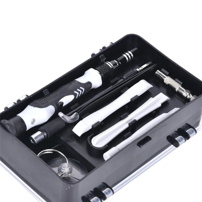 117-in-1 magnetic chrome vanadium screwdriver set with flexible extension shaft in red, blue, or black box.