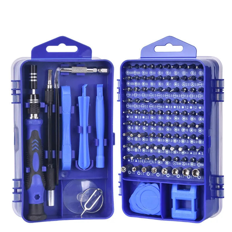 117-in-1 magnetic chrome vanadium screwdriver set with flexible extension shaft in red, blue, or black box.