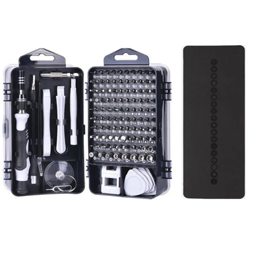 117-in-1 magnetic chrome vanadium screwdriver set with flexible extension shaft in red, blue, or black box.