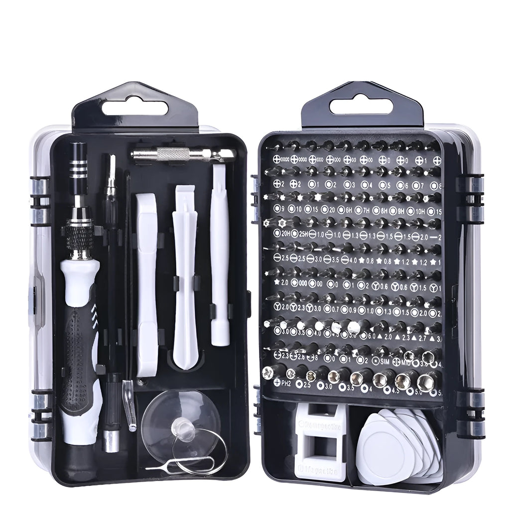 117-in-1 magnetic chrome vanadium screwdriver set with flexible extension shaft in red, blue, or black box.
