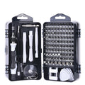 117-in-1 magnetic chrome vanadium screwdriver set with flexible extension shaft in red, blue, or black box.