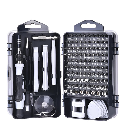 117-in-1 magnetic chrome vanadium screwdriver set with flexible extension shaft in red, blue, or black box.