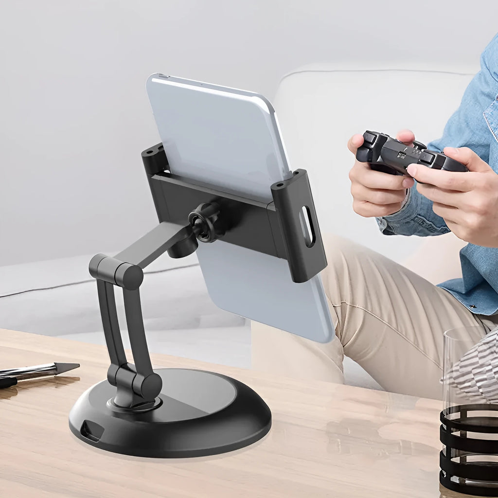 Portable multifunctional mobile phone support shelf in black on a desk holding a smartphone
