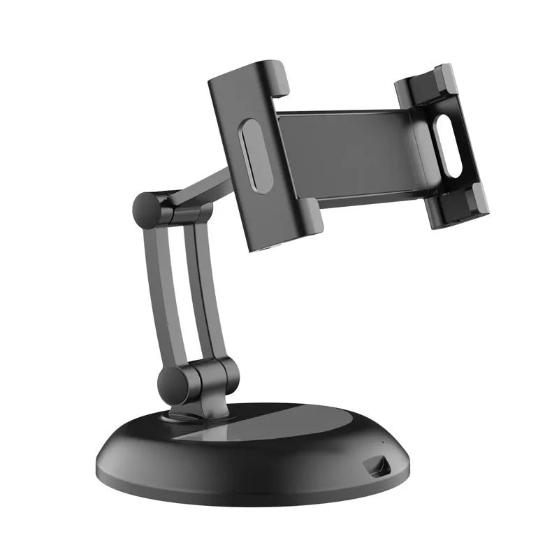 Portable multifunctional mobile phone support shelf in black on a desk holding a smartphone