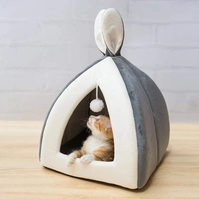 Grey cloth cat house villa pet bed showing enclosed structure with entrance
