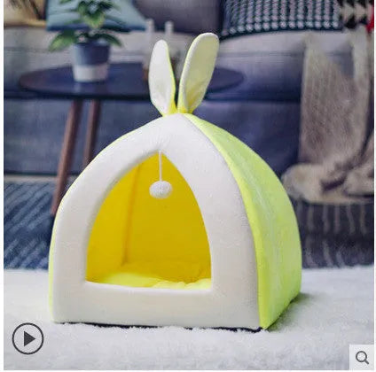 Grey cloth cat house villa pet bed showing enclosed structure with entrance