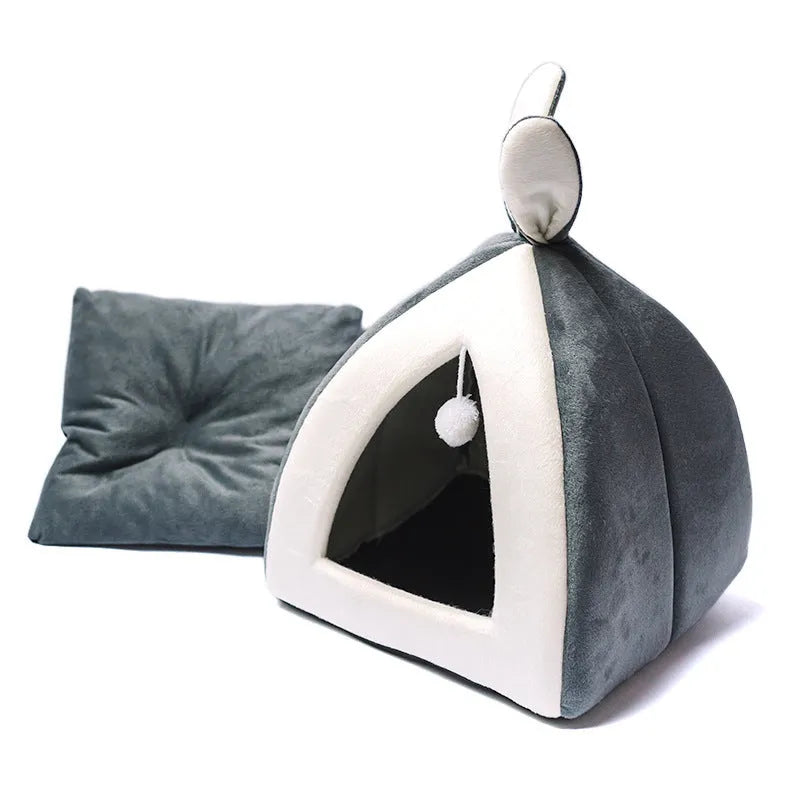 Grey cloth cat house villa pet bed showing enclosed structure with entrance