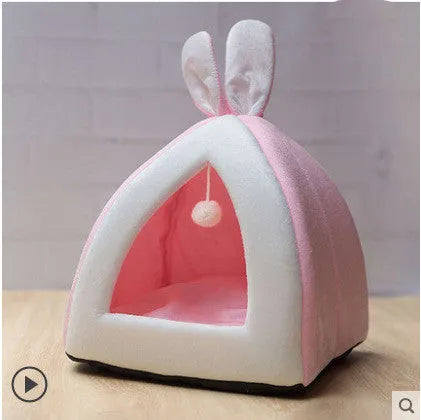 Grey cloth cat house villa pet bed showing enclosed structure with entrance