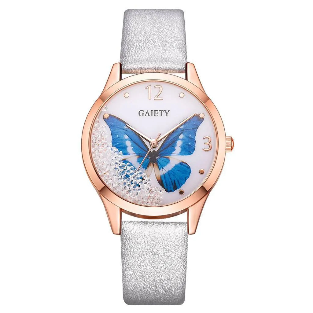 Gaiety women's quartz watch with rhinestone butterfly decoration on a round dial with leather strap.