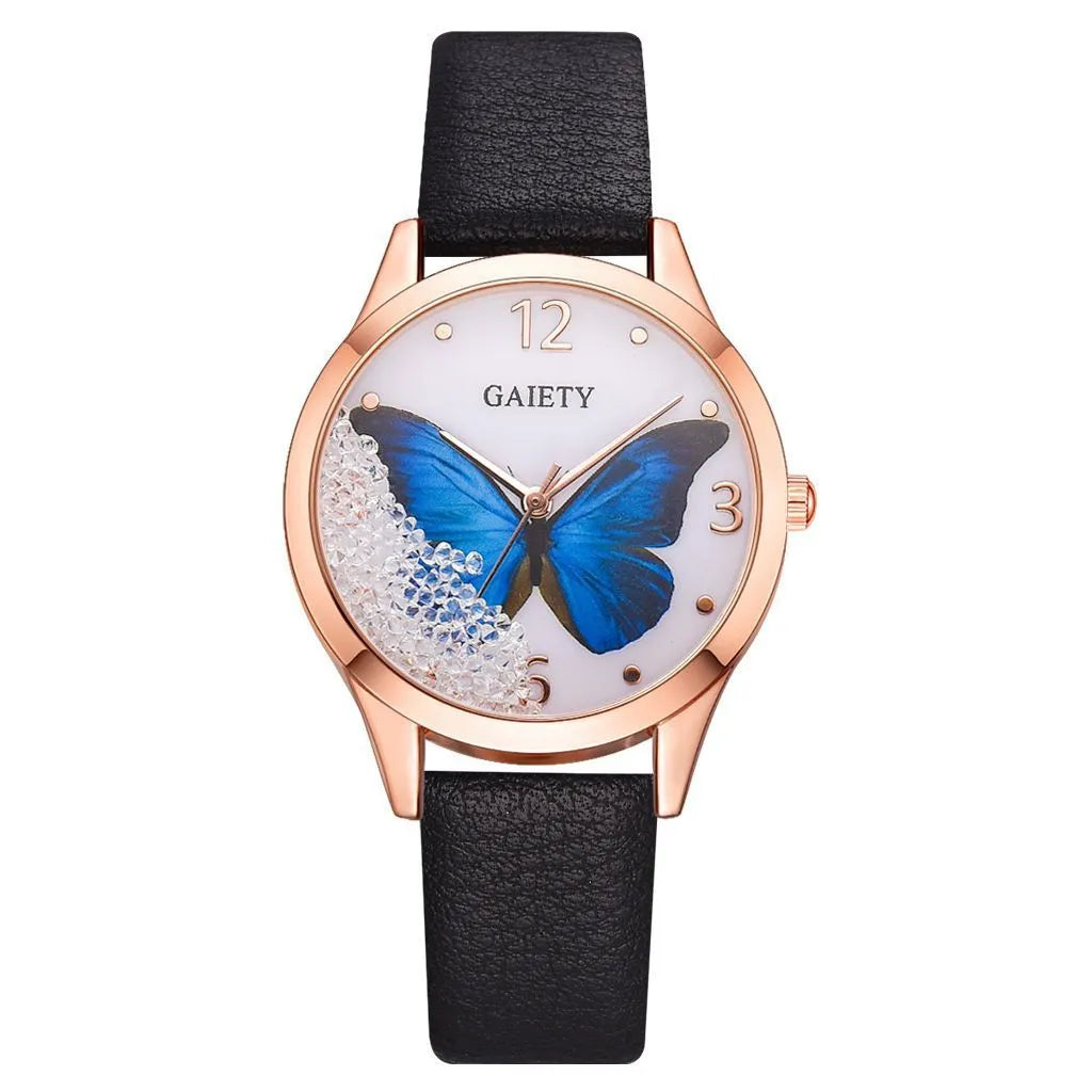 Gaiety women's quartz watch with rhinestone butterfly decoration on a round dial with leather strap.