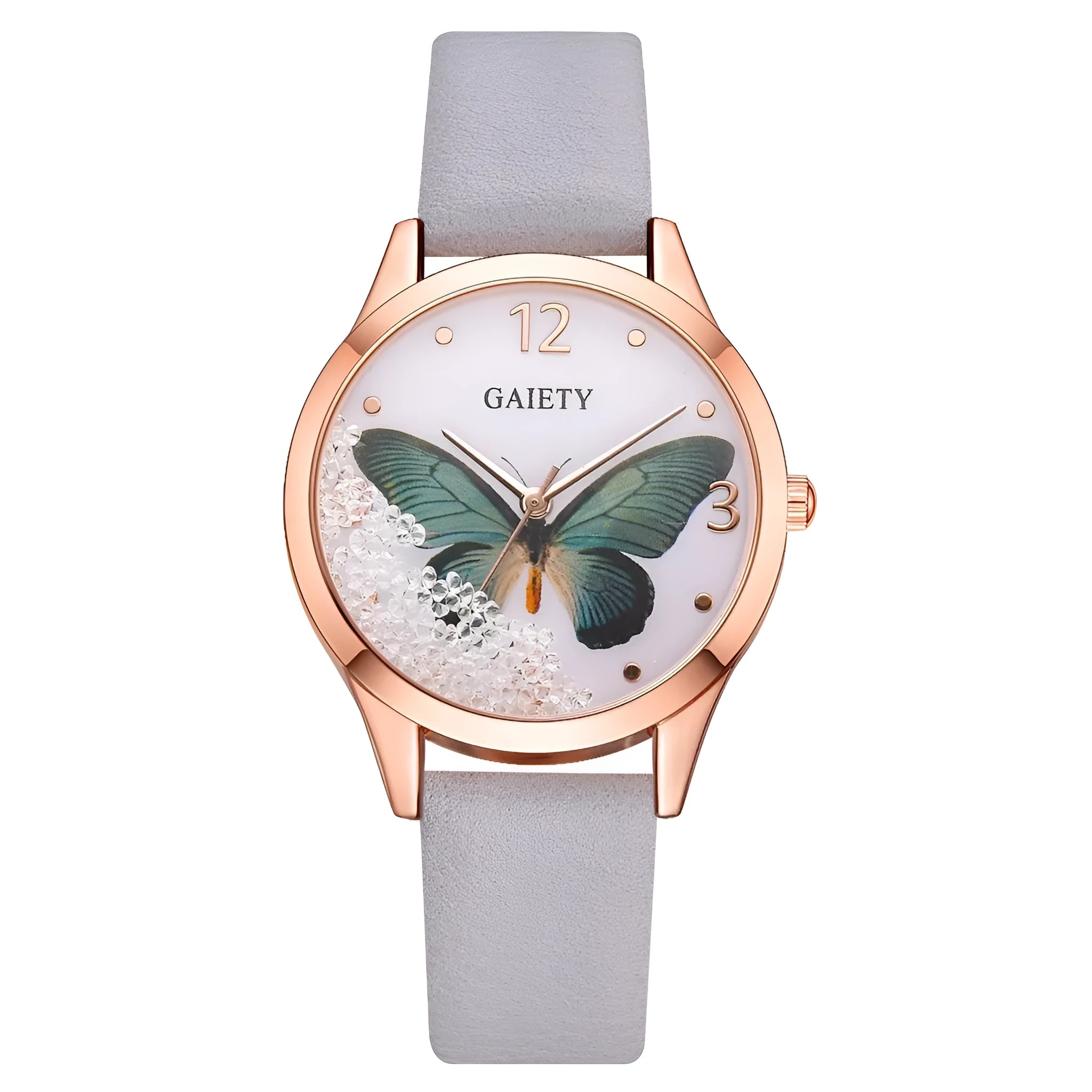Gaiety women's quartz watch with rhinestone butterfly decoration on a round dial with leather strap.