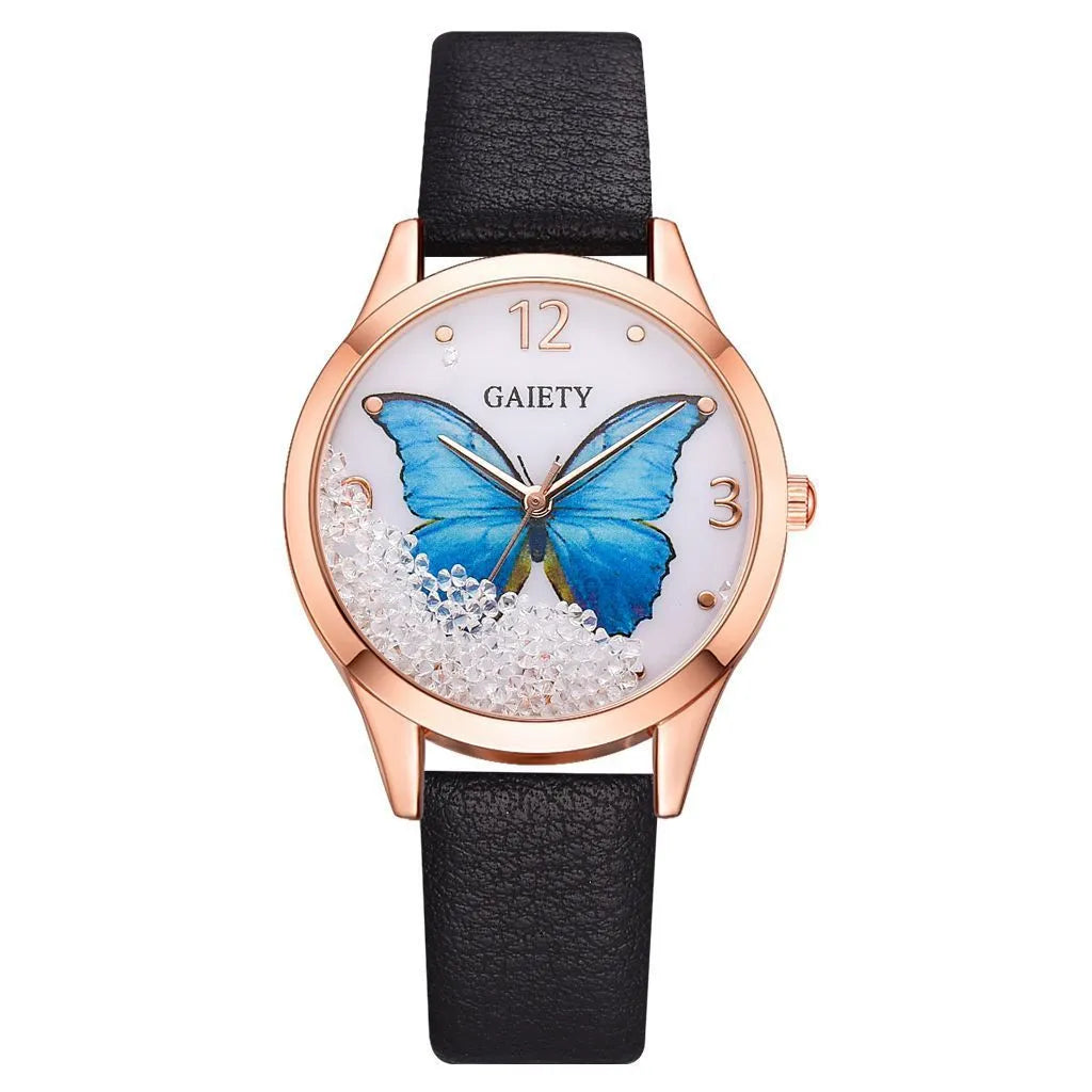 Gaiety women's quartz watch with rhinestone butterfly decoration on a round dial with leather strap.