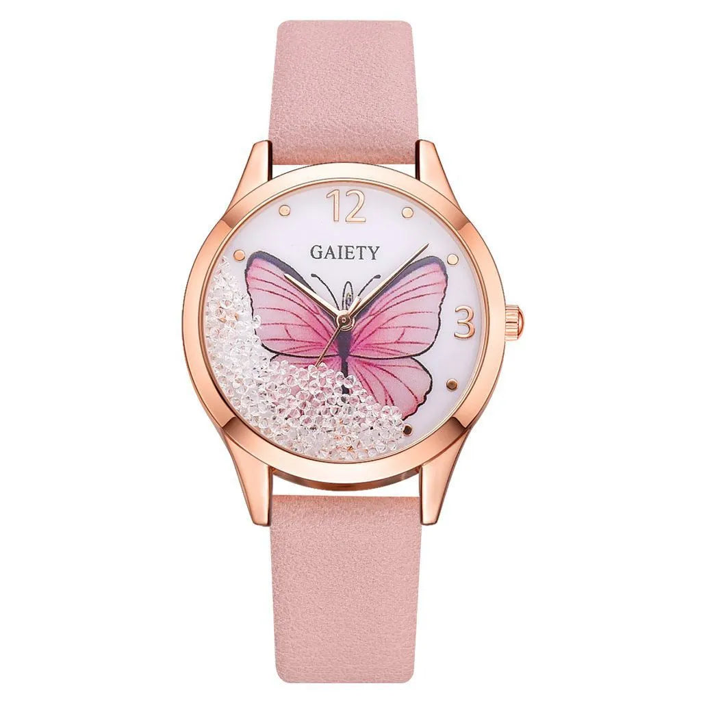Gaiety women's quartz watch with rhinestone butterfly decoration on a round dial with leather strap.