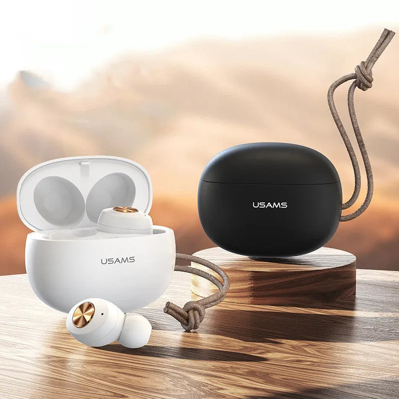Wireless Bluetooth mini TWS earbuds with compact rectangular charging case in black, green, or white.