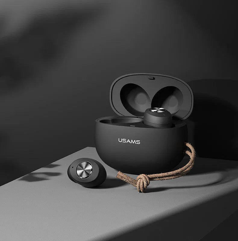 Wireless Bluetooth mini TWS earbuds with compact rectangular charging case in black, green, or white.