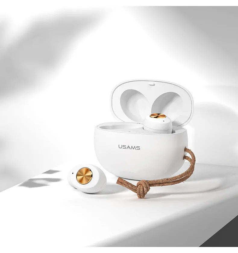 Wireless Bluetooth mini TWS earbuds with compact rectangular charging case in black, green, or white.