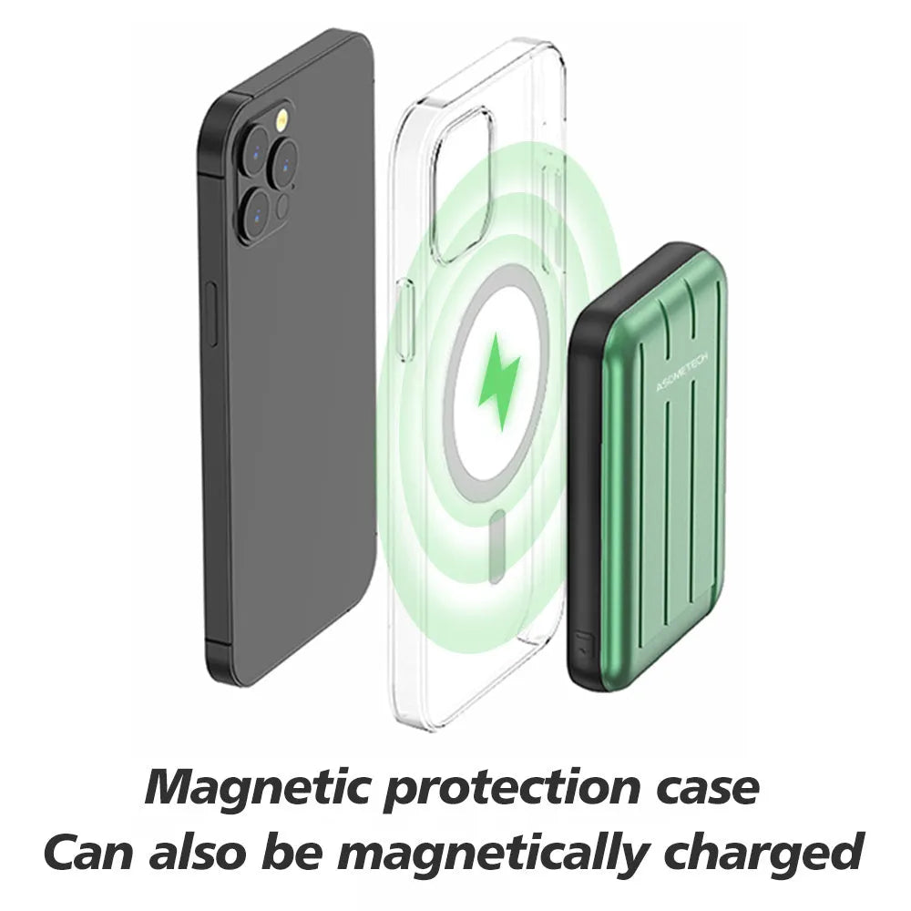 Blue acrylic magnetic wireless charger power bank for iPhone 12 showing USB port.