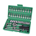 Green plastic case open to show a 46-piece alloy steel metric socket set with a ratchet wrench and L-shaped tools.