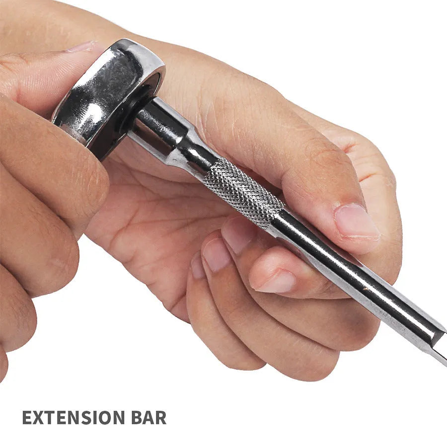 Green plastic case open to show a 46-piece alloy steel metric socket set with a ratchet wrench and L-shaped tools.