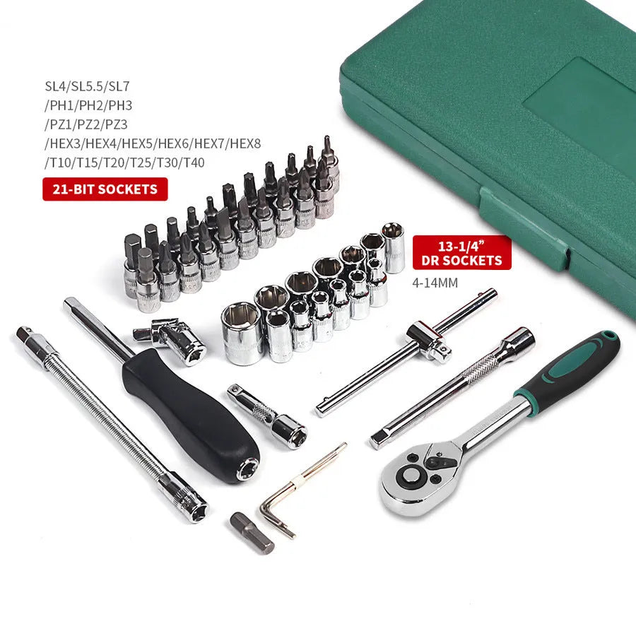 Green plastic case open to show a 46-piece alloy steel metric socket set with a ratchet wrench and L-shaped tools.
