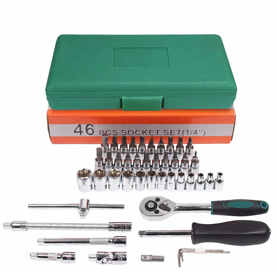 Green plastic case open to show a 46-piece alloy steel metric socket set with a ratchet wrench and L-shaped tools.