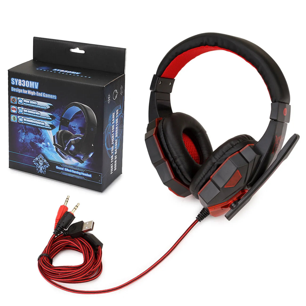Wired PS4 and PC gaming headset with LED lights and leather ear cushions in black and blue colour combination