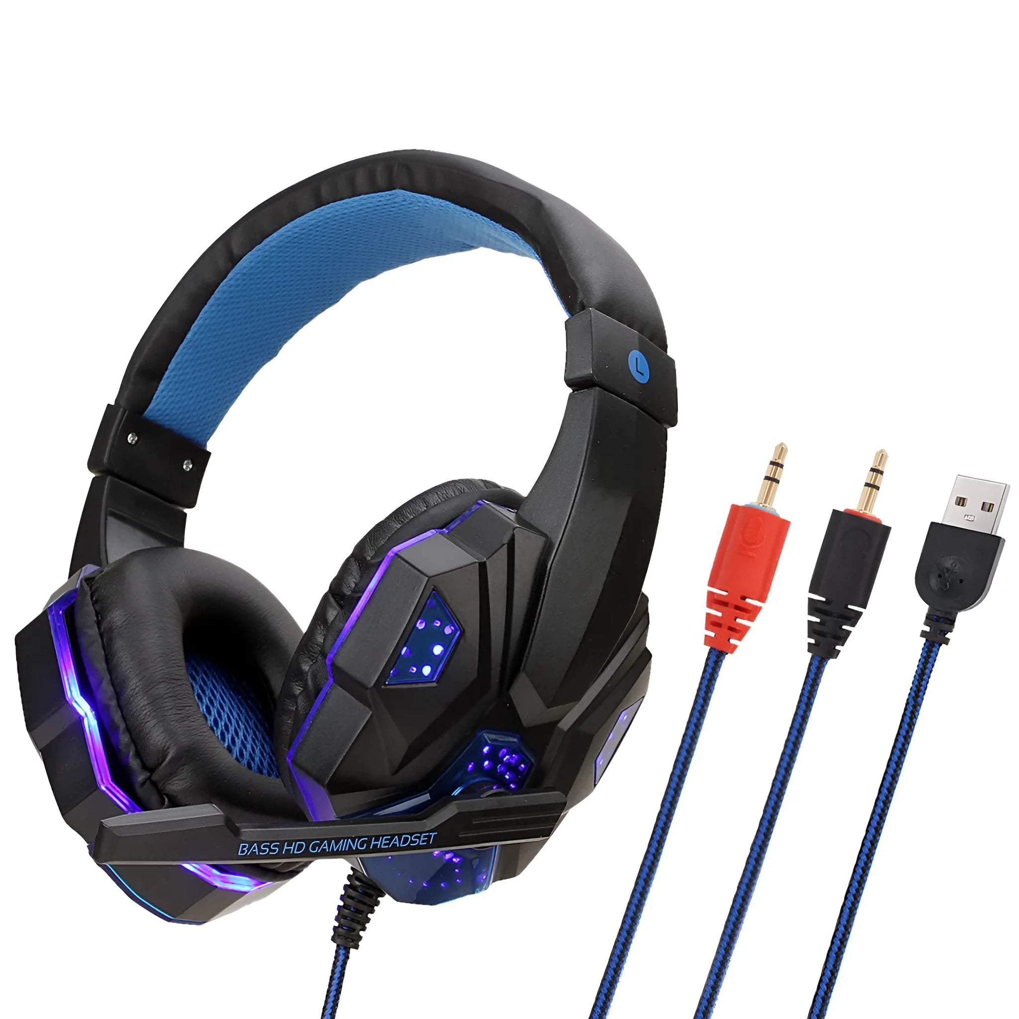 Wired PS4 and PC gaming headset with LED lights and leather ear cushions in black and blue colour combination