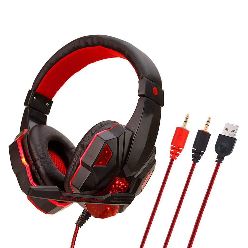 Wired PS4 and PC gaming headset with LED lights and leather ear cushions in black and blue colour combination