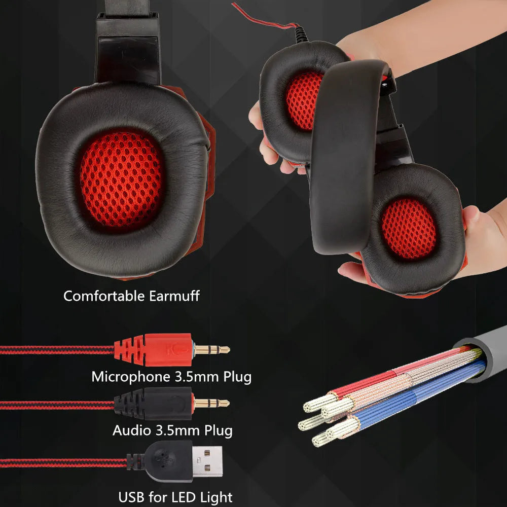 Wired PS4 and PC gaming headset with LED lights and leather ear cushions in black and blue colour combination