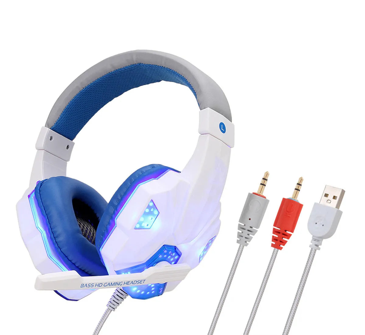 Wired PS4 and PC gaming headset with LED lights and leather ear cushions in black and blue colour combination