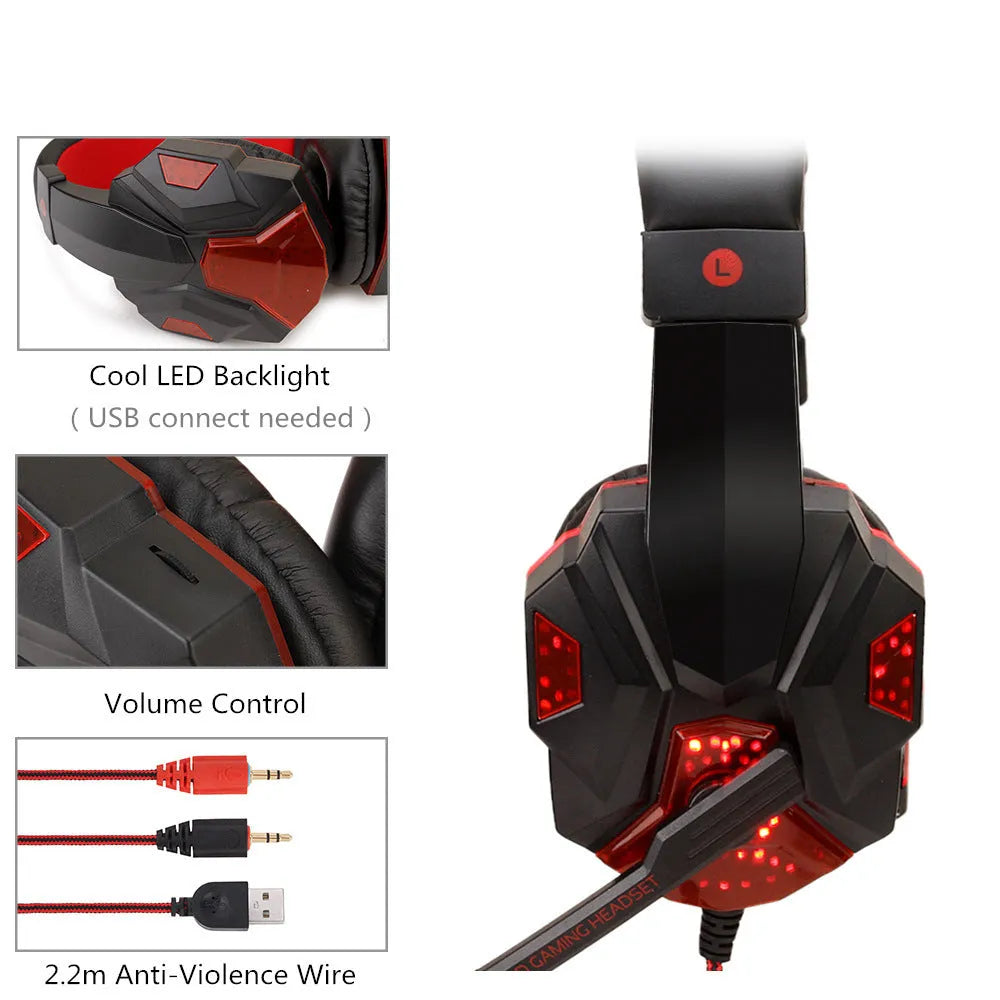 Wired PS4 and PC gaming headset with LED lights and leather ear cushions in black and blue colour combination