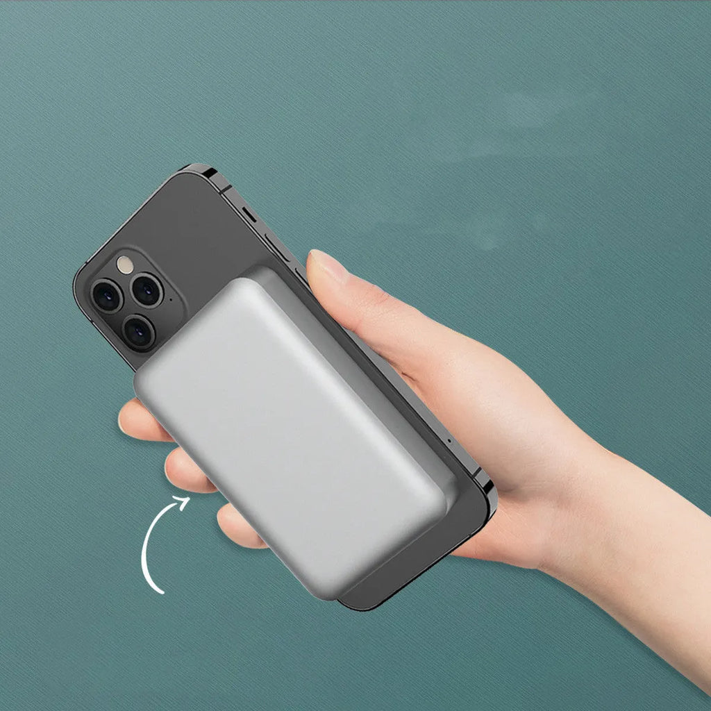 Silver aluminium Apple wireless magnetic power bank with 5000mAh capacity and USB-C port